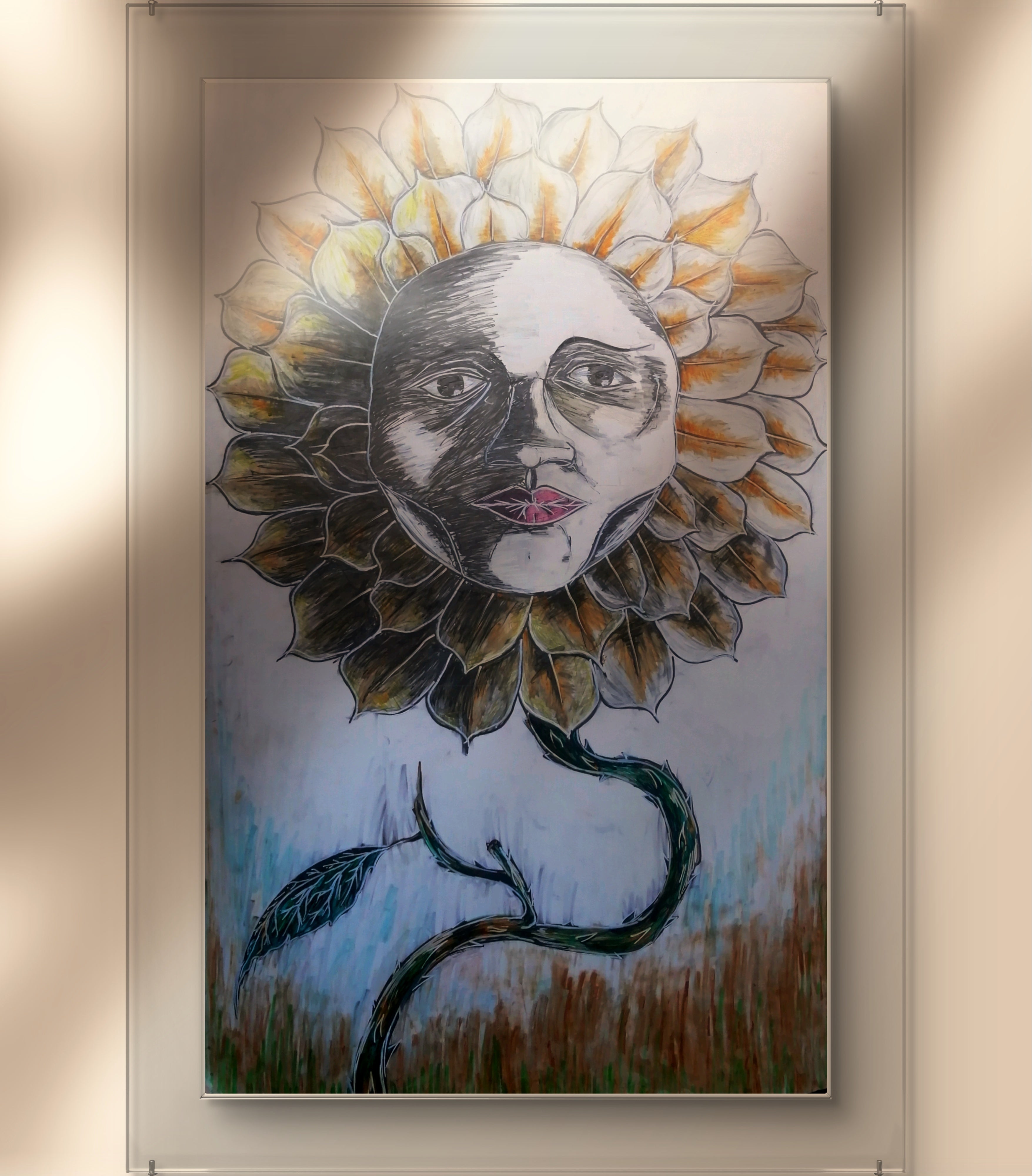 Artistic depiction of a sunflower with a face on a white background