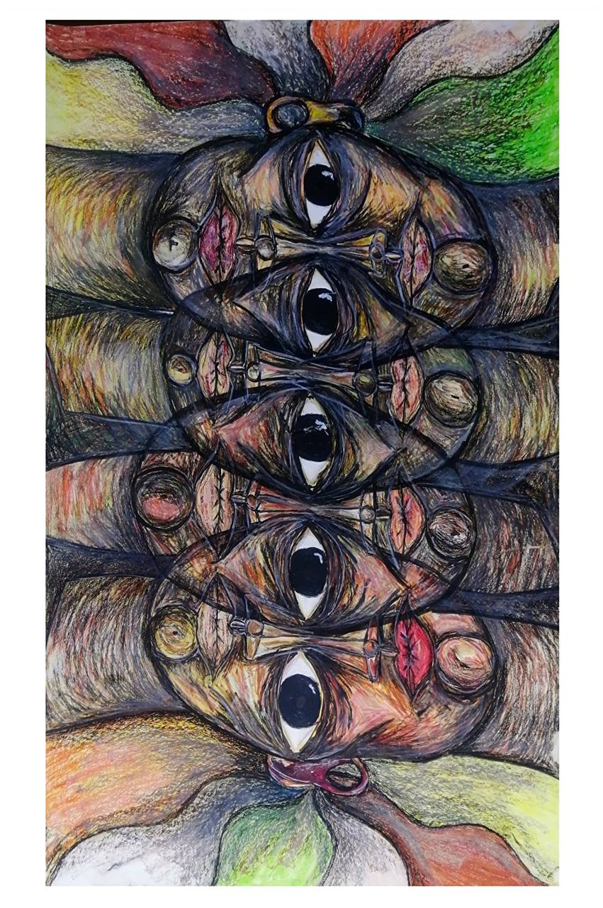 Mixed media artwork on paper by Jermie Jermaine, surrealist visual artist based in Guanajuato, Mexico