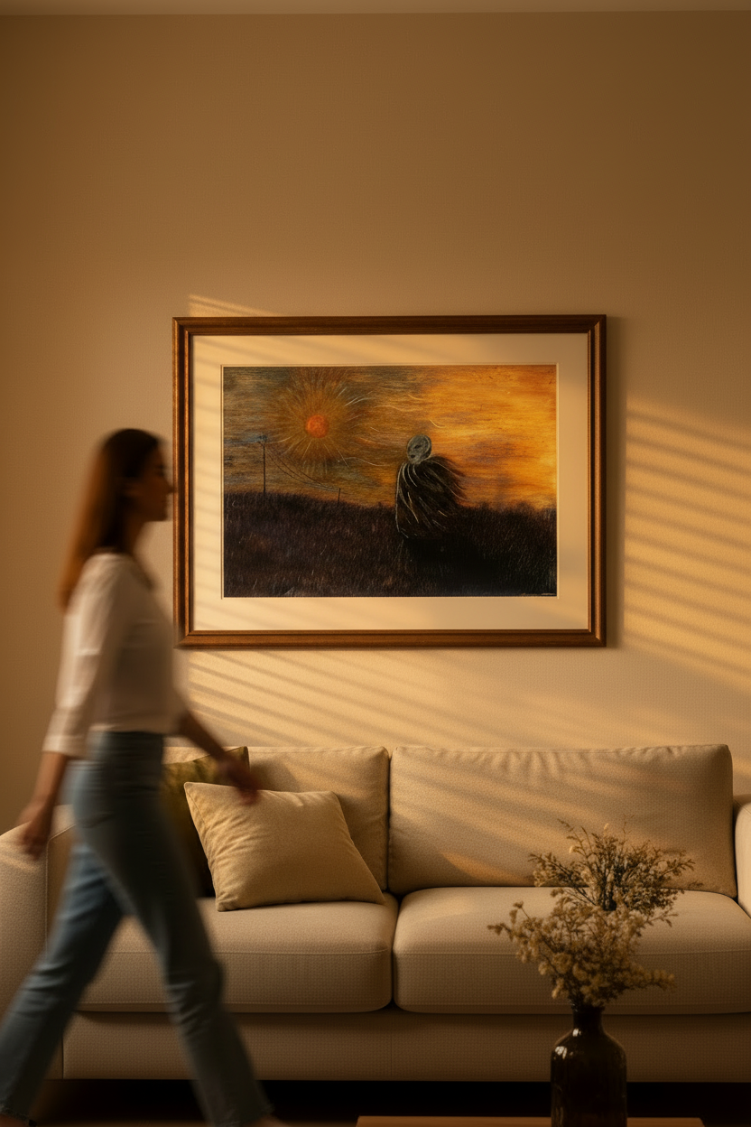 Living room with a framed painting by artist jermie jermaine of a mysterious figure standing in a field at at sunset on the wall, a beige sofa, and a person walking by.