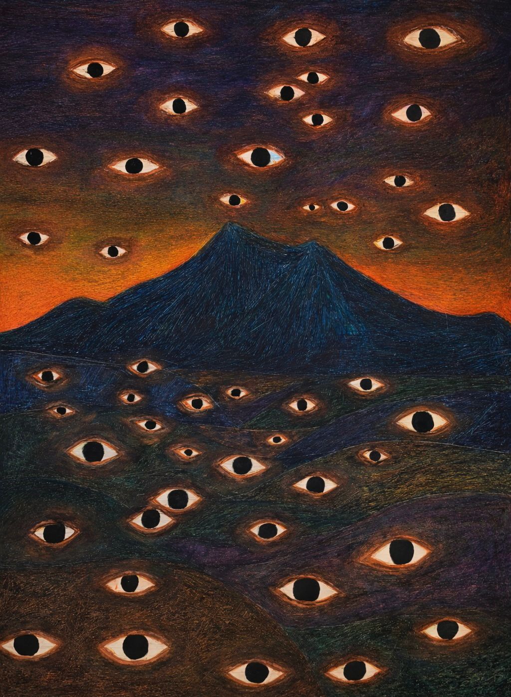 Artistic depiction of eyes looking towards the blue mountains in jamaica under an orange sky.