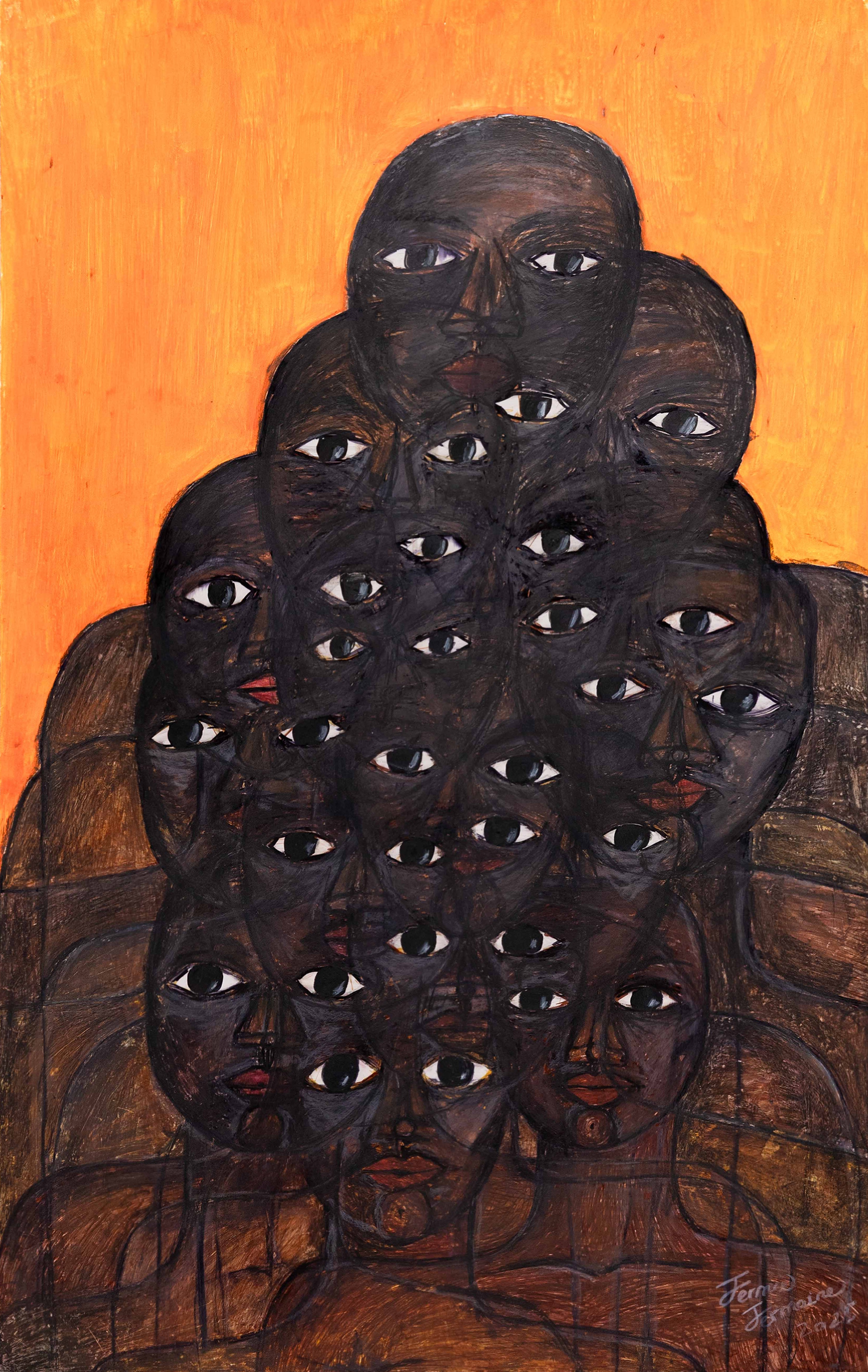 a painting by jermie jermaine that shows many stylized faces with bold eyes overlapping in a surrealistic way. on a vibrant orange background. 
